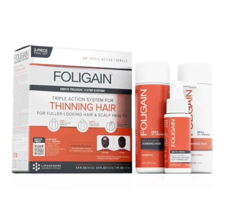 Set Triplă Acțiune pentru Căderea Părului, Foligain, Loțiune 10% Trioxidil (30ml), Șampon 2% Trioxidil (100ml), Balsam 2% Trioxidil (100ml) | Tratament complet împotriva căderii părului